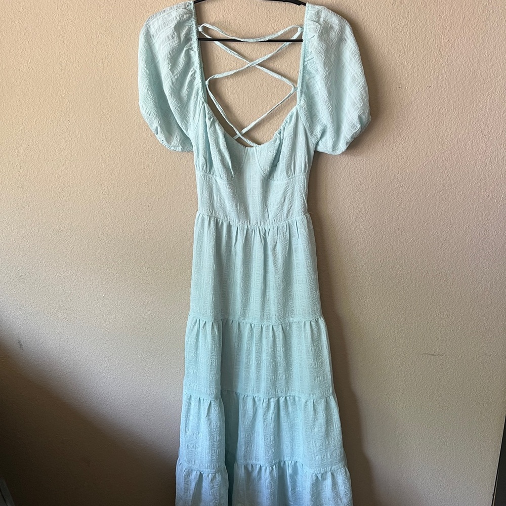 Forever 21 Mint Puff Sleeve Maxi Dress with Crisscross Back